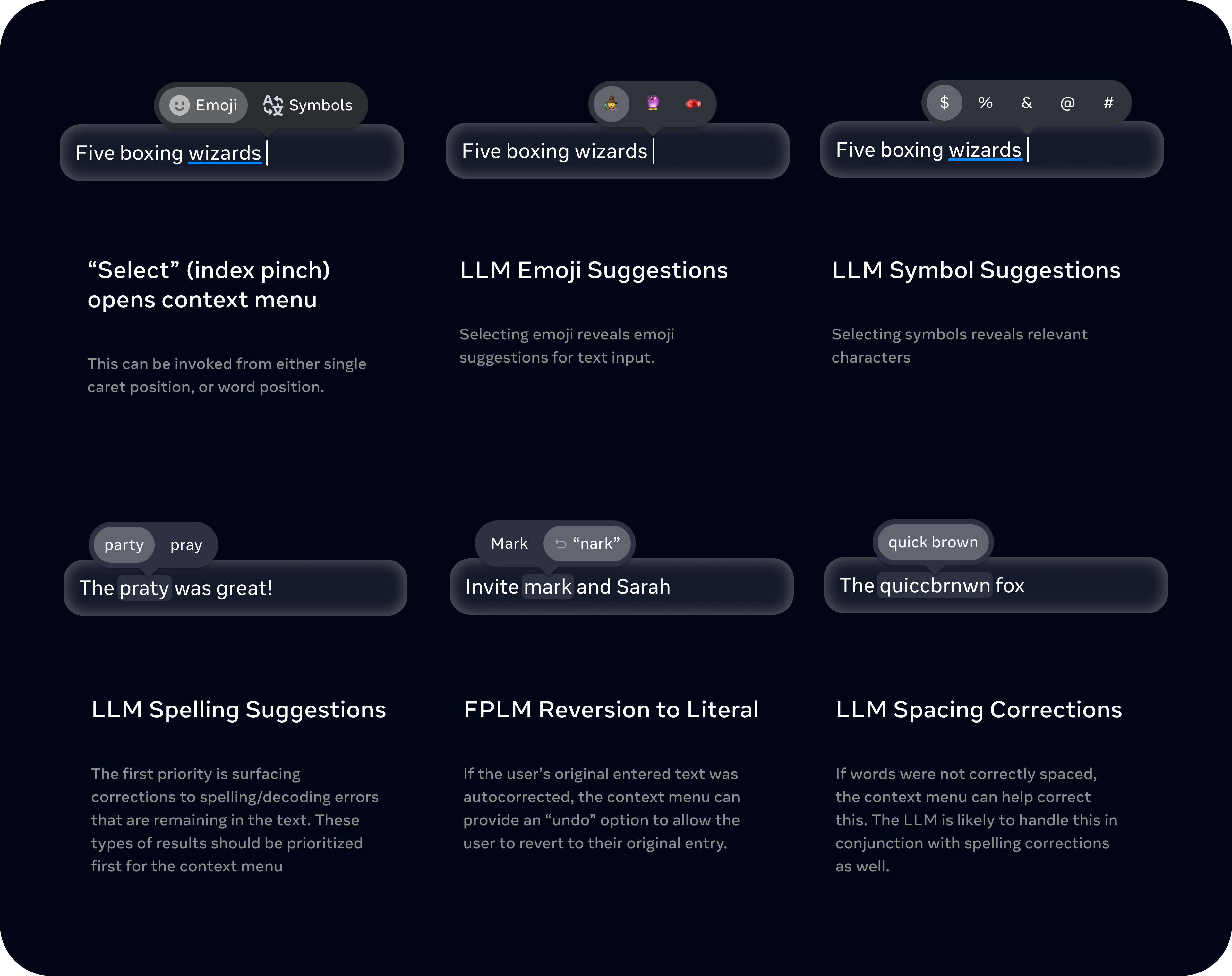 Context Menu — Select (index pinch) opens context menu; LLM Emoji Suggestions; LLM Symbol Suggestions.